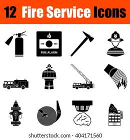 Set of twelve fire service black icons. Vector illustration.