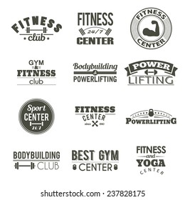 Set Of Twelve Fitness Labels. Gym Design Sign. Workout Vintage Sticker. Athletic Typography Tag. Sport Life Logo. Body Training Logo.