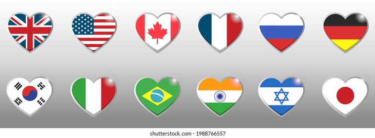 Set of twelve flags in heart shape style. Popular countries, vector illustration.