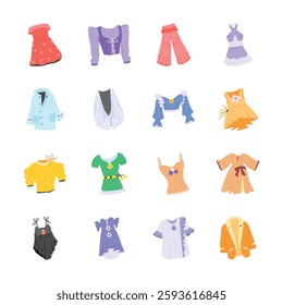 A set of twelve flat, colorful illustrations depicting various womens clothing items.