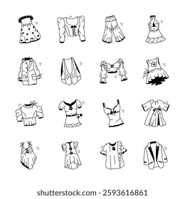 A set of twelve flat, colorful illustrations depicting various womens clothing items.