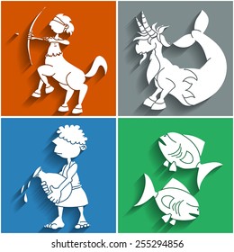 Set of twelve flat cute cartoon zodiacal signs, part 3. Sagittarius, Capricorn, Aquarius, Pisces. Horoscope collection.