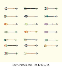 Set of twelve flat design tribal style arrows with various colors and patterns.  Each arrow has a decorated feather and shaft.