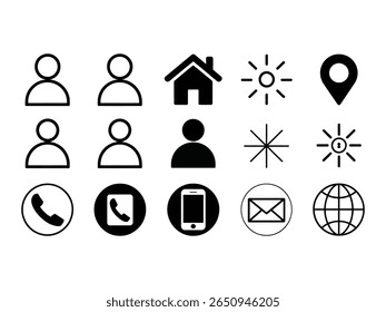 Conjunto de doze ícones planos, incluindo pessoas, telefone, casa, sol, localização, globo e e-mail. Configurado contra um plano de fundo transparente, fácil para layouts de design.