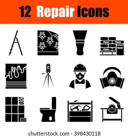 Set of twelve flat repair black icons. Vector illustration.