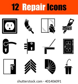 Set of twelve flat repair black icons. Vector illustration.
