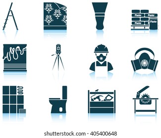 Set of twelve flat repair icons with reflections. Vector illustration.
