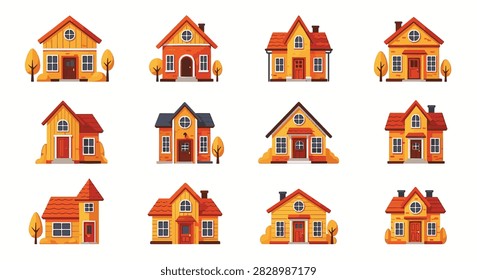 Set of twelve flat vector illustrations featuring cozy small suburban houses and cottages with autumn-themed colors, chimneys, and gabled roofs isolated on a white background.