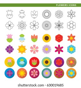 Set of twelve flower icons, in three different styles, line, color and shadow.