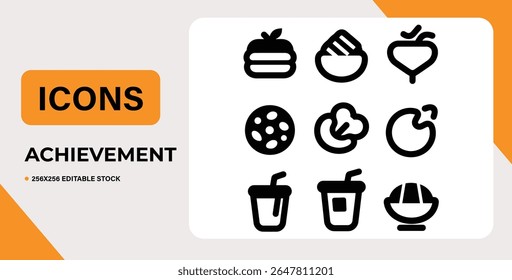 Conjunto de doze ícones de comida e bebida no fundo branco.  Perfeito para menus de restaurante ou aplicativos.