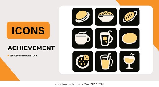 Conjunto de doze ícones de comida e bebida no fundo branco.  Perfeito para menus de restaurante ou aplicativos.