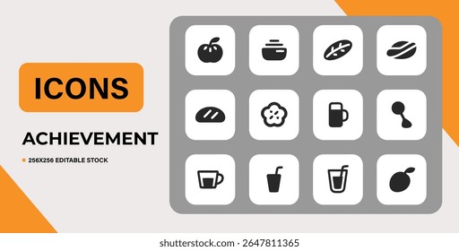 Conjunto de doze ícones de comida e bebida no fundo branco.  Perfeito para menus de restaurante ou aplicativos.