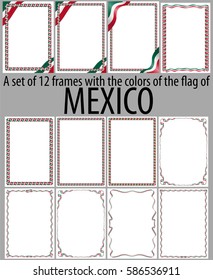 Set of twelve frames with the colors of the flag of Mexico