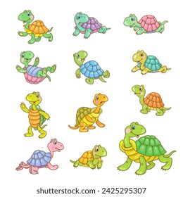 Set of twelve funny little turtles in different poses. In cartoon style. Isolated on white background. Vector illustration