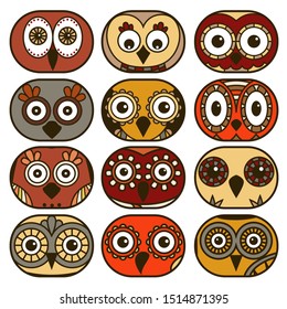 Set of twelve funny owl faces placed in oval forms and isolated on the white background, cartoon vector illustration as icons
