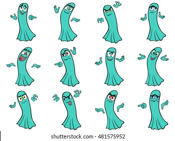 Set of twelve funny turquoise ghosts with various characters isolated on a white background, cartoon Halloween vector illustration