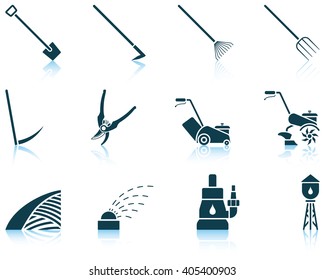 Set of twelve gardening icons with reflections. Vector illustration.
