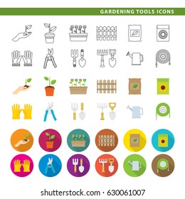 Set of twelve gardening tool icons, in three different styles, line, color and shadow.