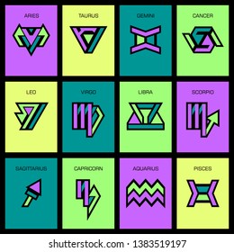 set of twelve geometric icons of astrological signs of the zodiac