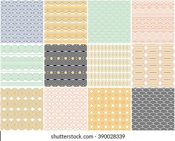Set of twelve geometric round shape decorative patterns. Vector seamless bright colorful abstract wallpaper collection. Frames, borders, graphic design elements.