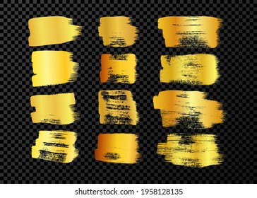 Set of twelve gold grunge brush strokes. Painted ink smear. Ink spot isolated on dark transparent background. Vector illustration