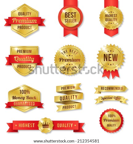 Set of twelve golden vector Commercial Labels and Ribbon templates. Vector file is organized in layers to separate Graphic elements from Text and Shadows.