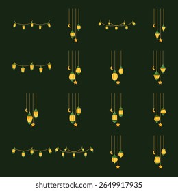 Conjunto de doze elementos de design gráfico.  Cada elemento é uma lanterna pendurada em ouro e verde, com uma corda, uma lua crescente e uma estrela. Alguns elementos são organizados em uma sequência de caracteres.