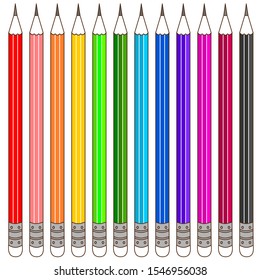 Set of twelve graphite pencils multicolored with an eraser, vector clip-art on a white isolated background