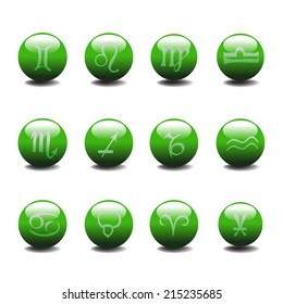Set of twelve green balls with the horoscope signs on each ball