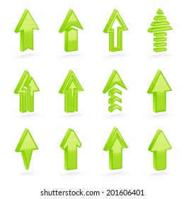 Set of twelve green dimensional arrows with the glossy shading, eps10 vector clip-art, color and shading layers are separate, easy to edit