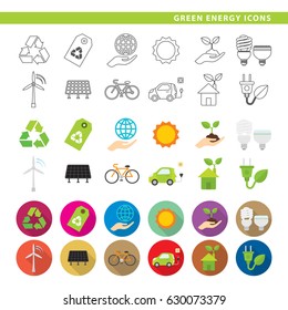 Set of twelve green energy icons for your projects about ecology in line, flat and shadow style.