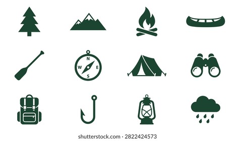Set of twelve green vector icons for camping and outdoor adventure including a pine tree, snowy mountains, campfire, canoe, paddle, compass, tent, binoculars, backpack, and metal lantern.