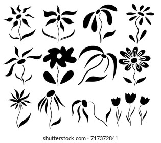 Set of twelve hand drawn black and white vector flower illustrations.