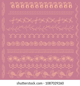 Set with Twelve Hand Drawn Design Elements. Colored Brushes Placed on the Lilac Background. Geometrical and Floral Brushes.