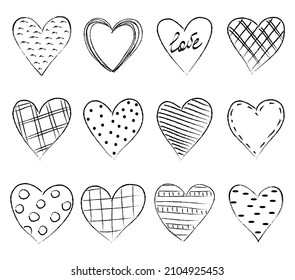 Set of twelve hand drawn heart. Handdrawn rough marker hearts isolated on white background. Vector illustration for your graphic design