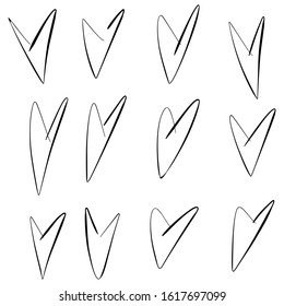 Set of twelve hand drawn hearts. Handdrawn rough marker hearts isolated on white background EPS Vector illustration