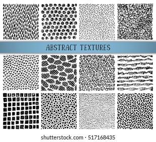 Set of twelve hand drawn ink abstract textures. Collection of vector backgrounds of simple primitive scratchy patterns, waves, dots, stripes