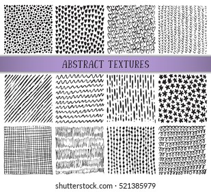 Set of twelve hand drawn ink abstract textures. Vector backgrounds of simple primitive scratchy patterns, waves, dots, stripes.