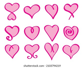 Set of twelve hand drawn pink hearts