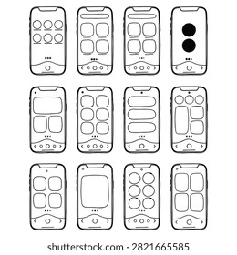 Set of twelve hand drawn smartphone wireframe templates for mobile application interface design.
