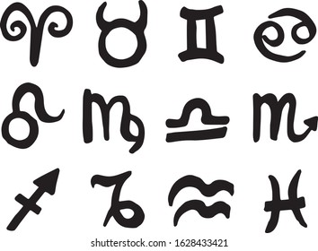 Set of twelve hand drawn zodiac symbols:  aries, taurus, gemini, cancer, leo, virgo, libra, scorpio, sagittarius, capricorn, aquarius, pisces. Black astrological signs isolated on white background. 