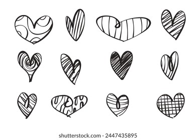 A set of twelve hand-drawn hearts. Hand drawn rough heart marker isolated on white background. Love element doodle, vector illustration for your graphic design