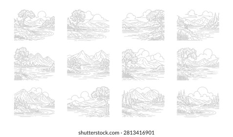 Set of twelve hand-drawn monochrome landscape sketches featuring mountain peaks, winding rivers, forests, and clouds in a minimalist line art and engraving style illustration.