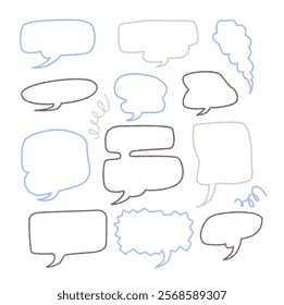 Set of twelve hand-drawn speech bubbles in various shapes and sizes, outlined in different muted colors like blue, brown, and beige. Simple vector sketch dialogue chat symbol