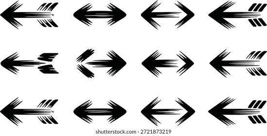 Conjunto de doce flechas de estilo dibujadas a mano en negro, que muestran direcciones izquierda, derecha y bidireccionales con un aspecto texturizado.