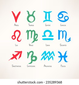 Set with twelve hand-drawn symbols of the zodiac