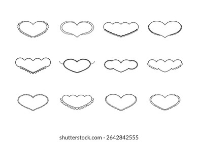 A set of twelve heart shaped frames with different scalloped, beaded, and heart-adorned edges, all in black outline on a white background.