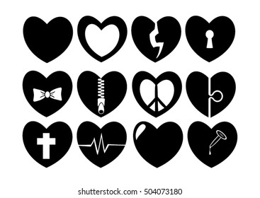 A set of twelve hearts. Symbols