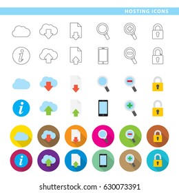 Set of twelve hosting icons, in three different styles, line, color and shadow.