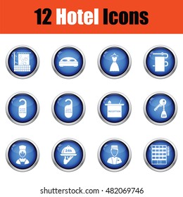 Set of twelve hotel icons. Glossy button design. Vector illustration.